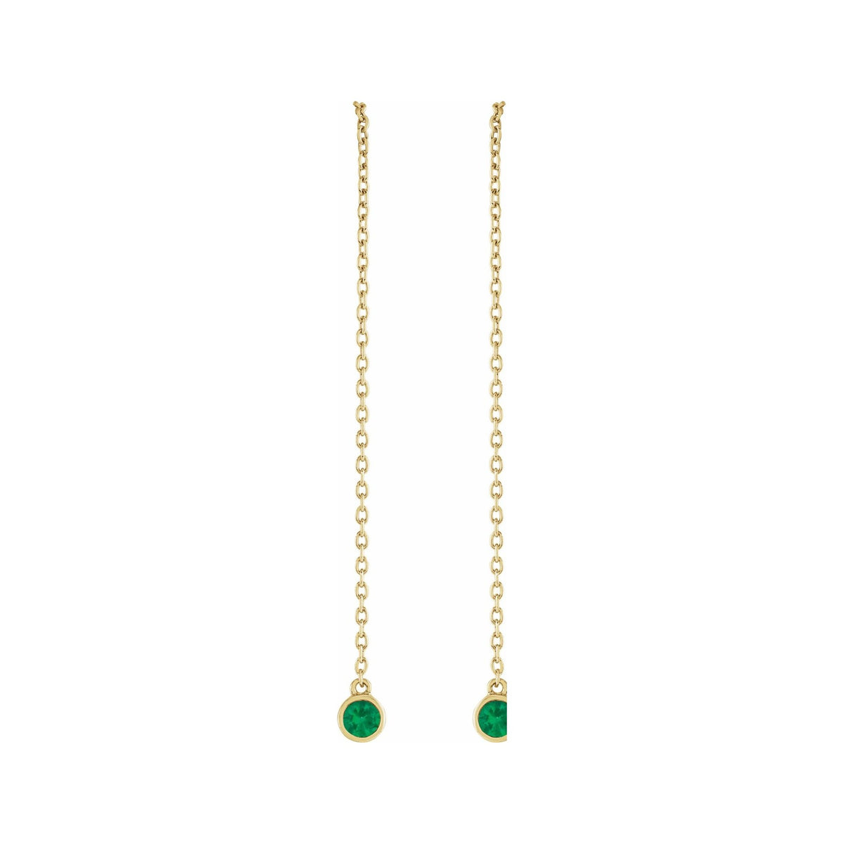 Sapphire Row Natural Gemstone Bezel Threader Earrings - Emerald, 14K Yellow Gold (view 2)