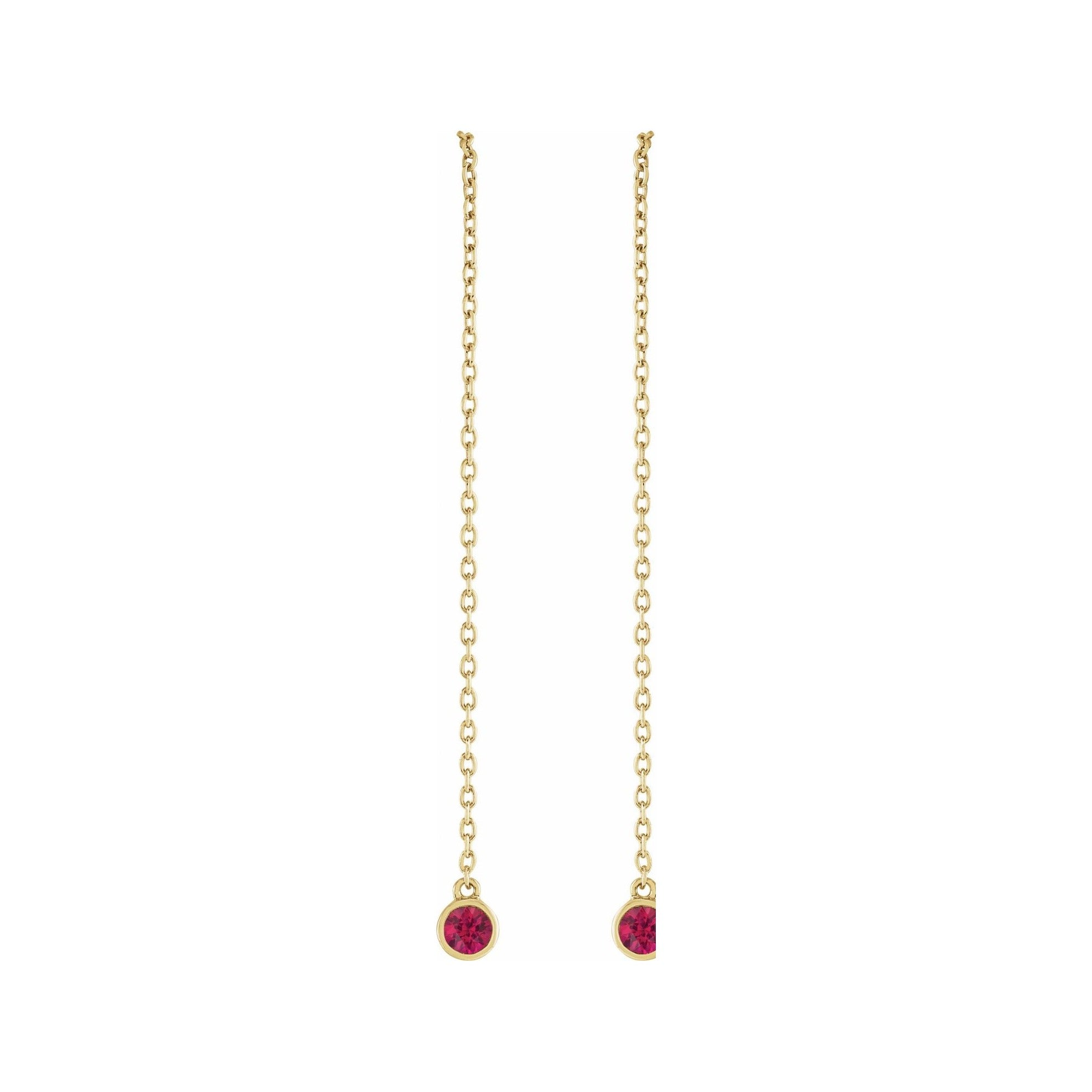 Sapphire Row Natural Gemstone Bezel Threader Earrings - Ruby, 14K Yellow Gold (view 2)