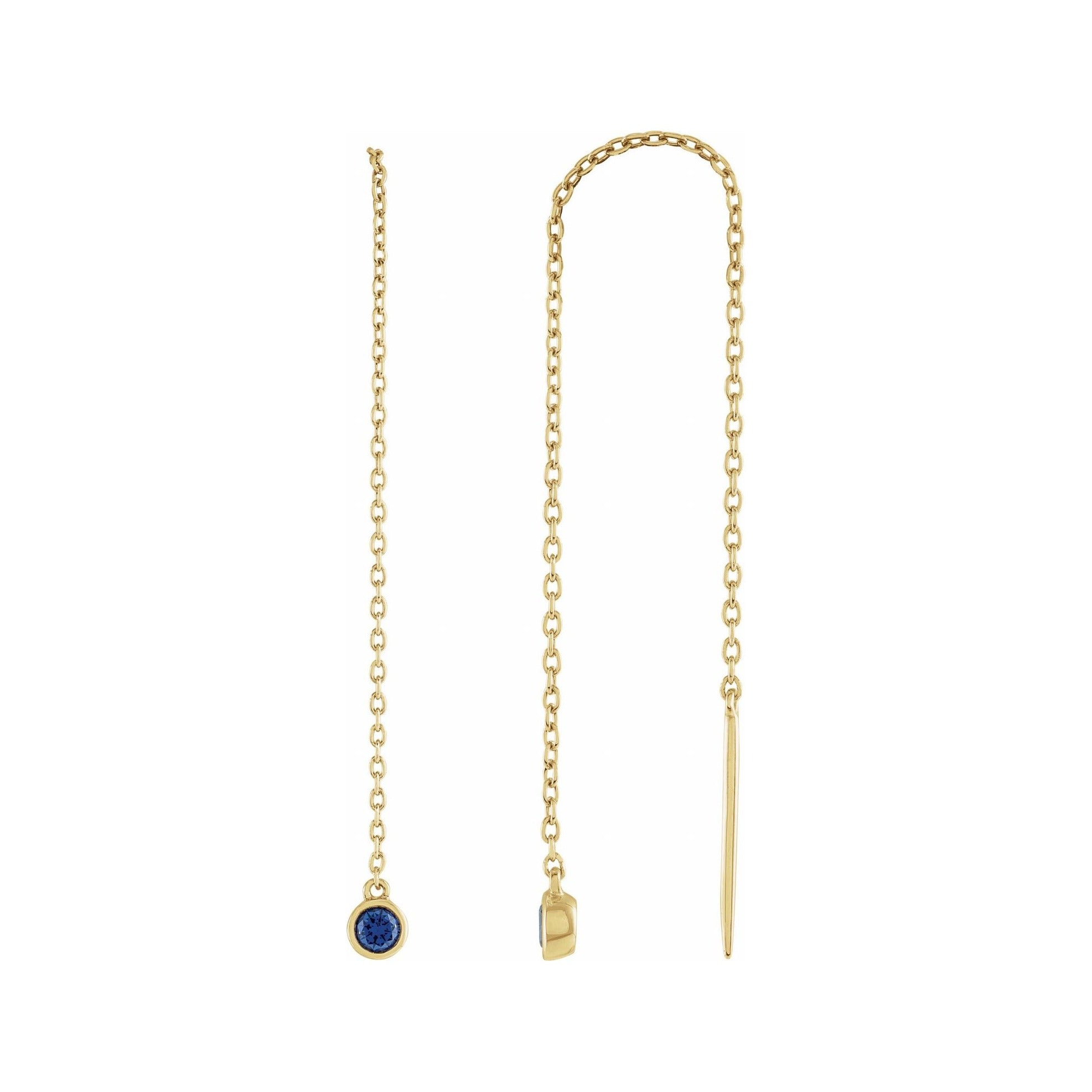 Sapphire Row Natural Gemstone Bezel Threader Earrings - Blue Sapphire, 14K Yellow Gold
