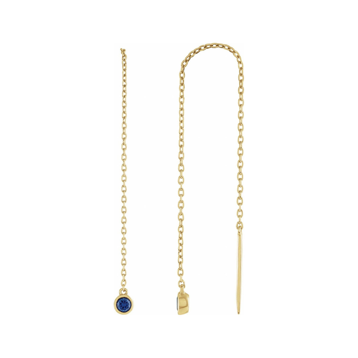 Sapphire Row Natural Gemstone Bezel Threader Earrings - Blue Sapphire, 14K Yellow Gold