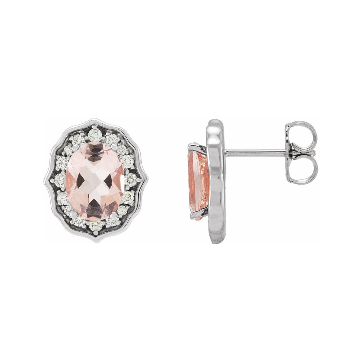 Sapphire Row Natural Peach Morganite Vintage-Inspired Halo Stud Earrings - Platinum