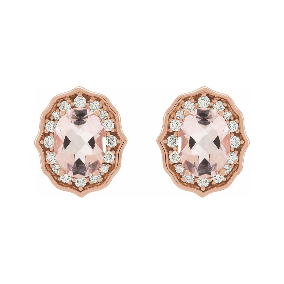 Sapphire Row Natural Peach Morganite Vintage-Inspired Halo Stud Earrings - 14K Rose Gold (view 2)