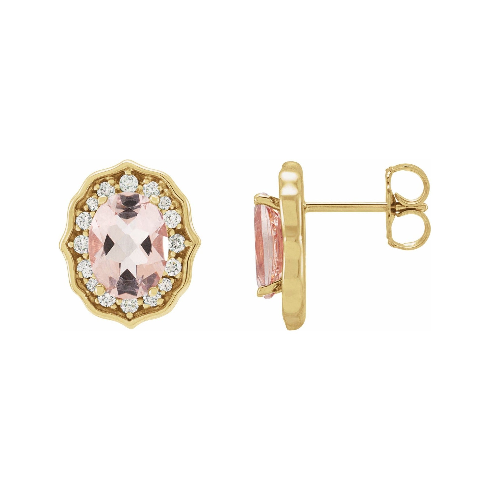 Sapphire Row Natural Peach Morganite Vintage-Inspired Halo Stud Earrings - 14K Yellow Gold