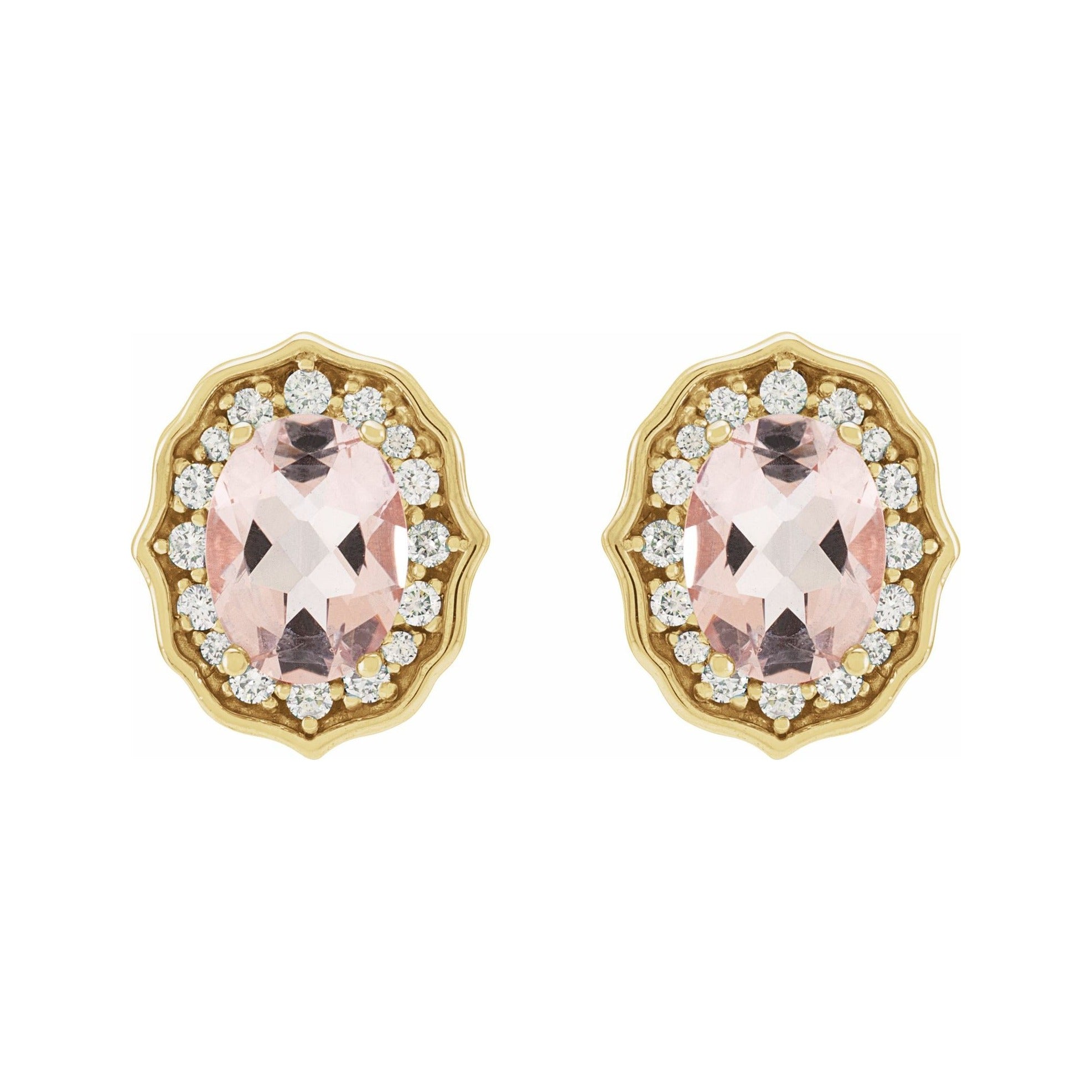 Sapphire Row Natural Peach Morganite Vintage-Inspired Halo Stud Earrings - 14K Yellow Gold (view 2)