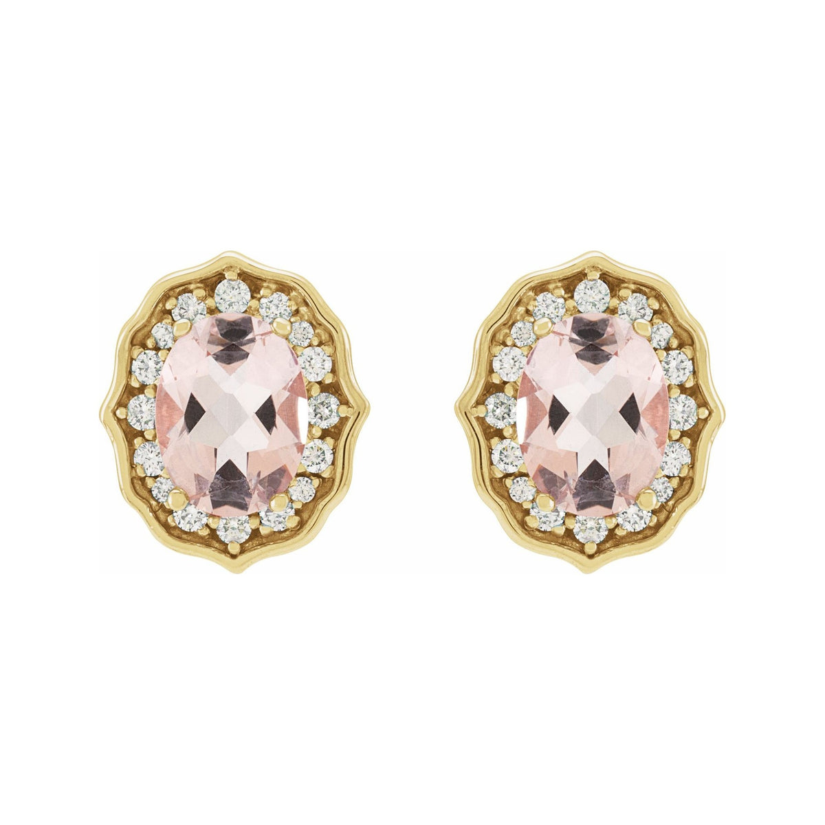 Sapphire Row Natural Peach Morganite Vintage-Inspired Halo Stud Earrings - 14K Yellow Gold (view 2)