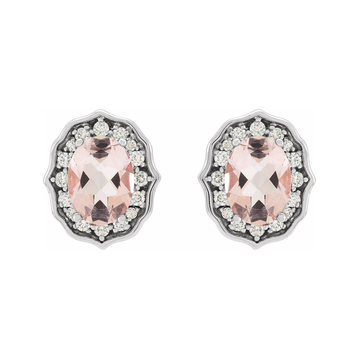 Sapphire Row Natural Peach Morganite Vintage-Inspired Halo Stud Earrings - 14K White Gold (view 2)