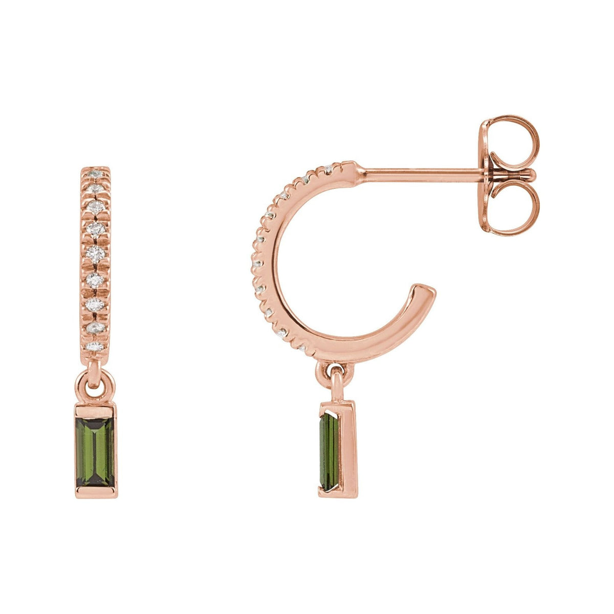 Sapphire Row Natural Gemstone Baguette Dangle Hoop Earrings - Green Tourmaline, 14K Rose Gold
