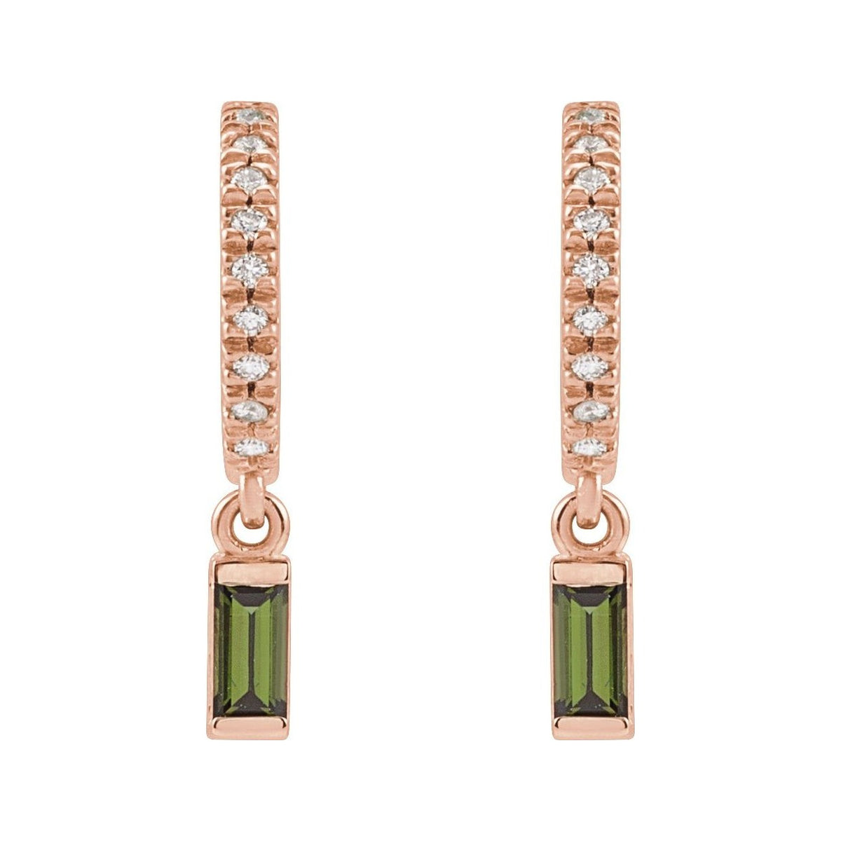 Sapphire Row Natural Gemstone Baguette Dangle Hoop Earrings - Green Tourmaline, 14K Rose Gold (view 2)