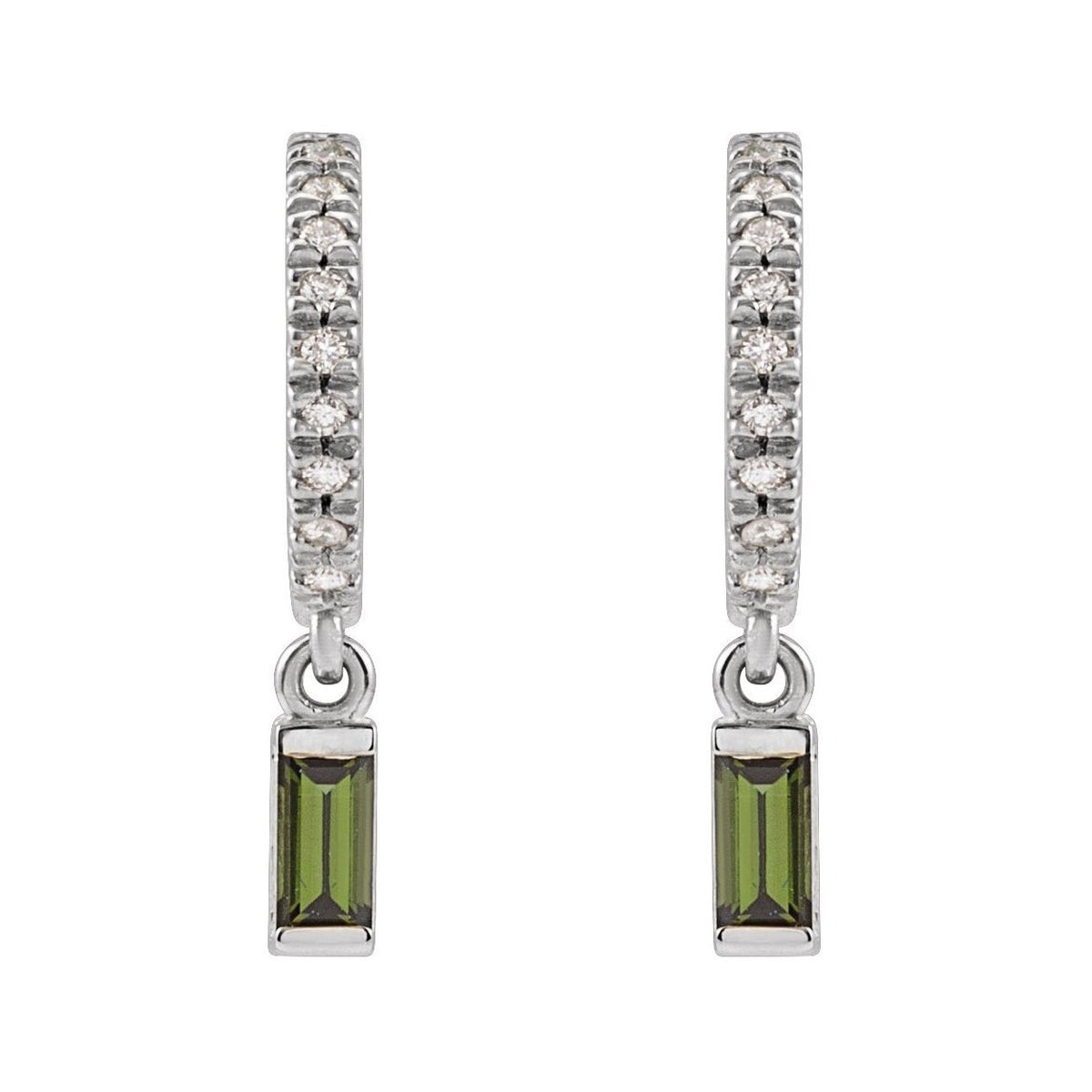 Sapphire Row Natural Gemstone Baguette Dangle Hoop Earrings - Green Tourmaline, Platinum (view 2)