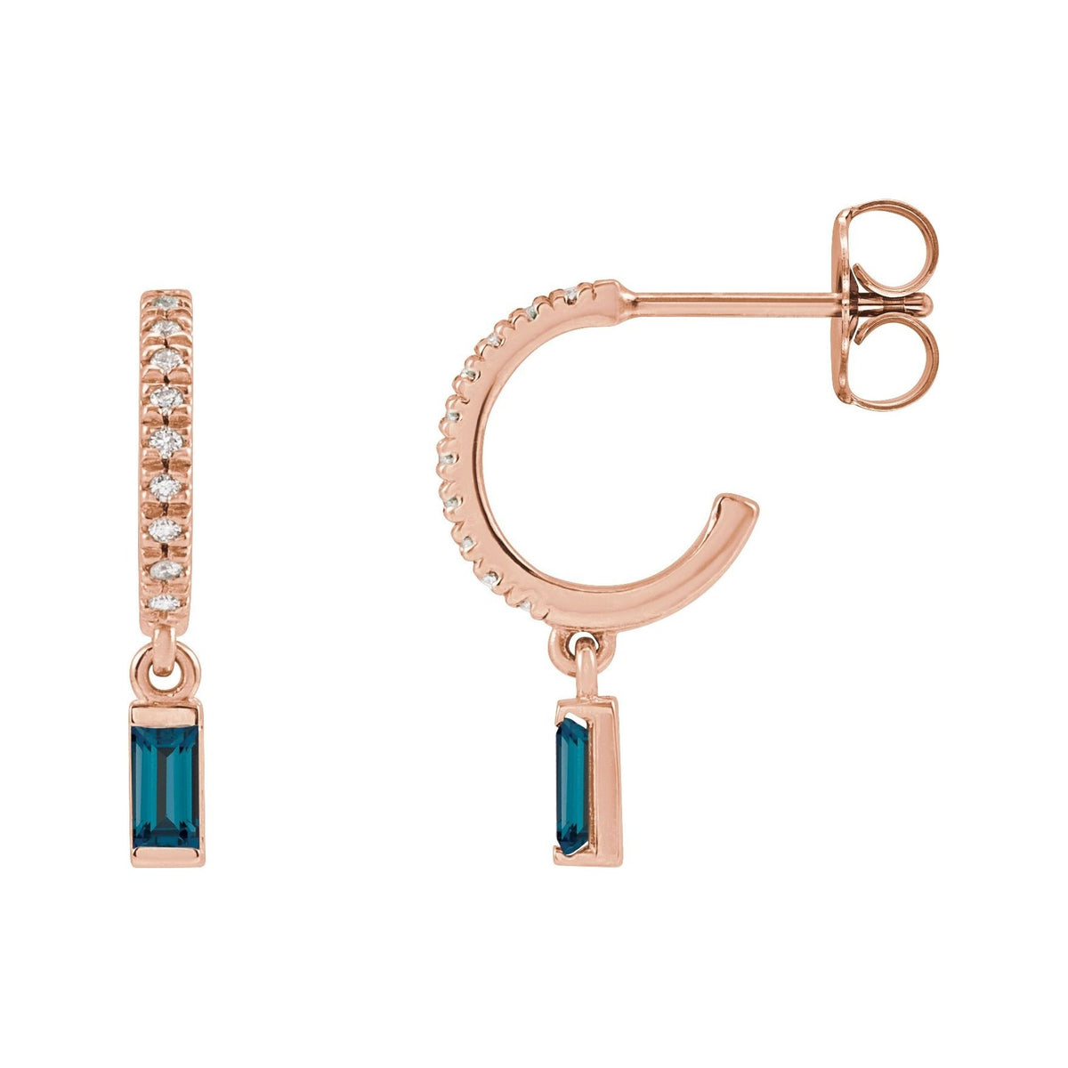 Sapphire Row Natural Gemstone Baguette Dangle Hoop Earrings - London Blue Topaz, 14K Rose Gold