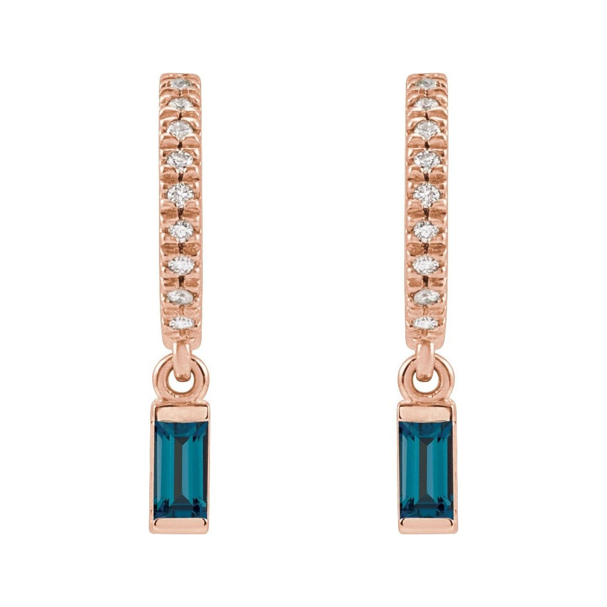 Sapphire Row Natural Gemstone Baguette Dangle Hoop Earrings - London Blue Topaz, 14K Rose Gold (view 2)