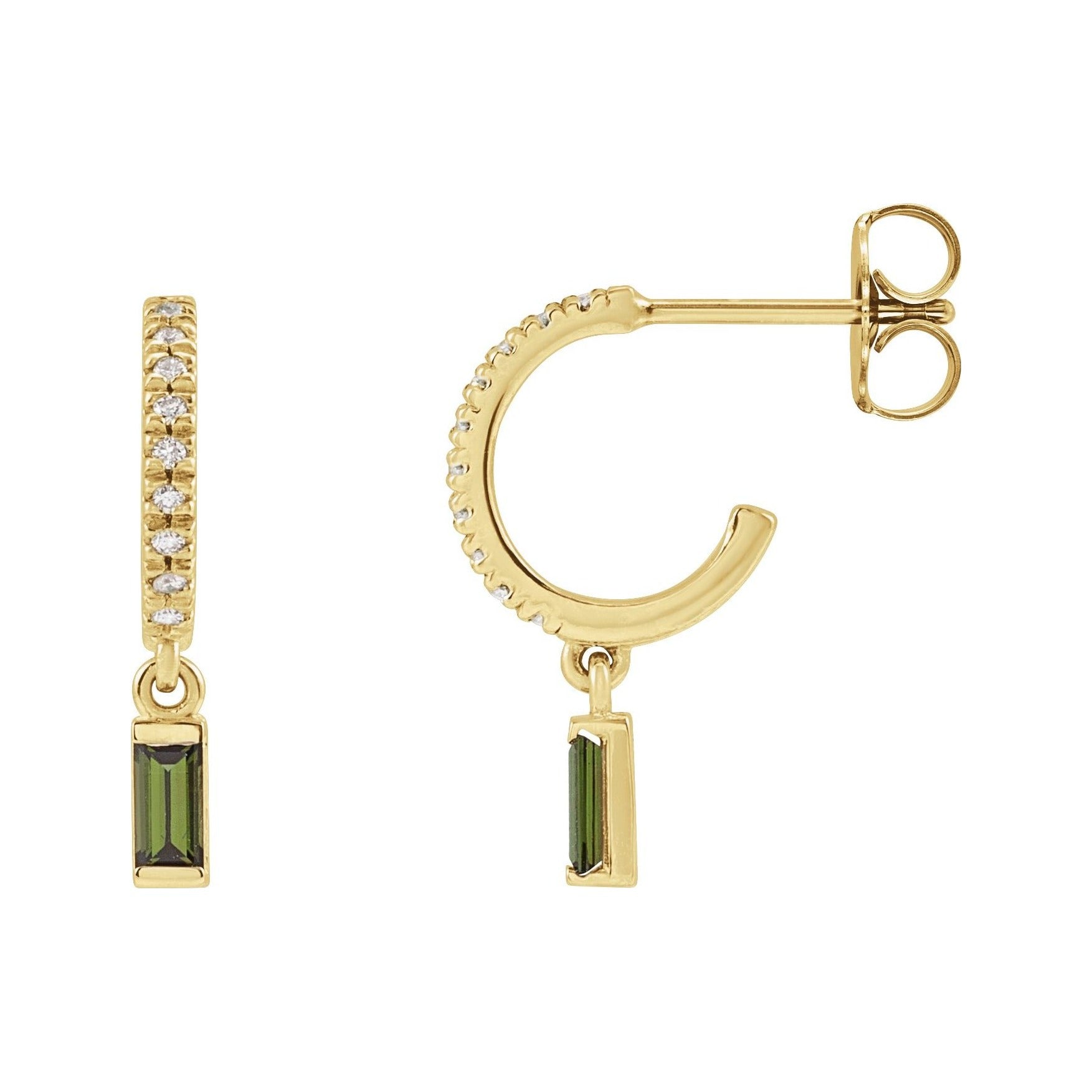 Sapphire Row Natural Gemstone Baguette Dangle Hoop Earrings - Green Tourmaline, 14K Yellow Gold