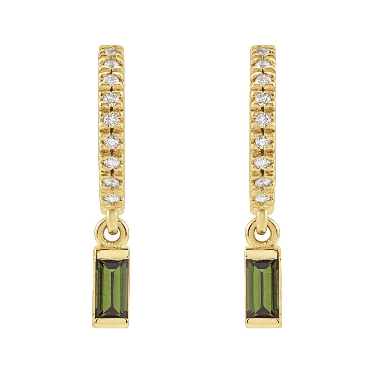 Sapphire Row Natural Gemstone Baguette Dangle Hoop Earrings - Green Tourmaline, 14K Yellow Gold (view 2)