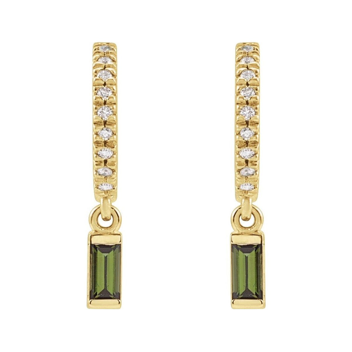 Sapphire Row Natural Gemstone Baguette Dangle Hoop Earrings - Green Tourmaline, 14K Yellow Gold (view 2)