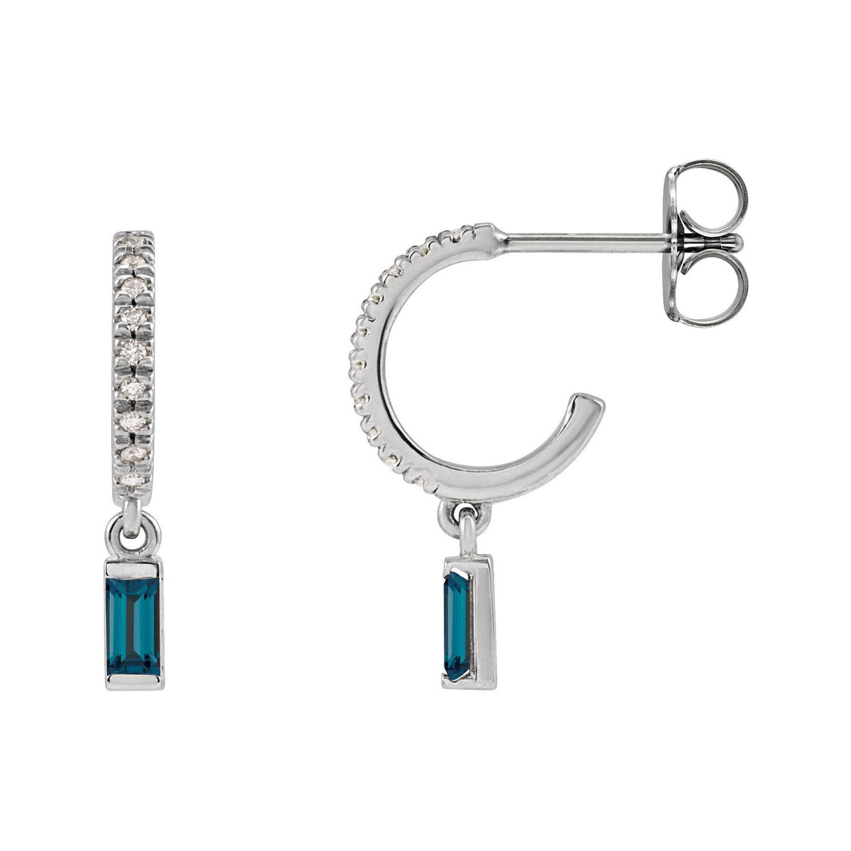 Sapphire Row Natural Gemstone Baguette Dangle Hoop Earrings - London Blue Topaz, 14K White Gold