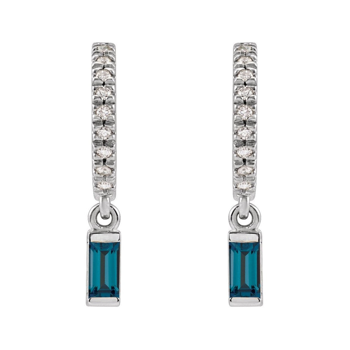 Sapphire Row Natural Gemstone Baguette Dangle Hoop Earrings - London Blue Topaz, 14K White Gold (view 2)