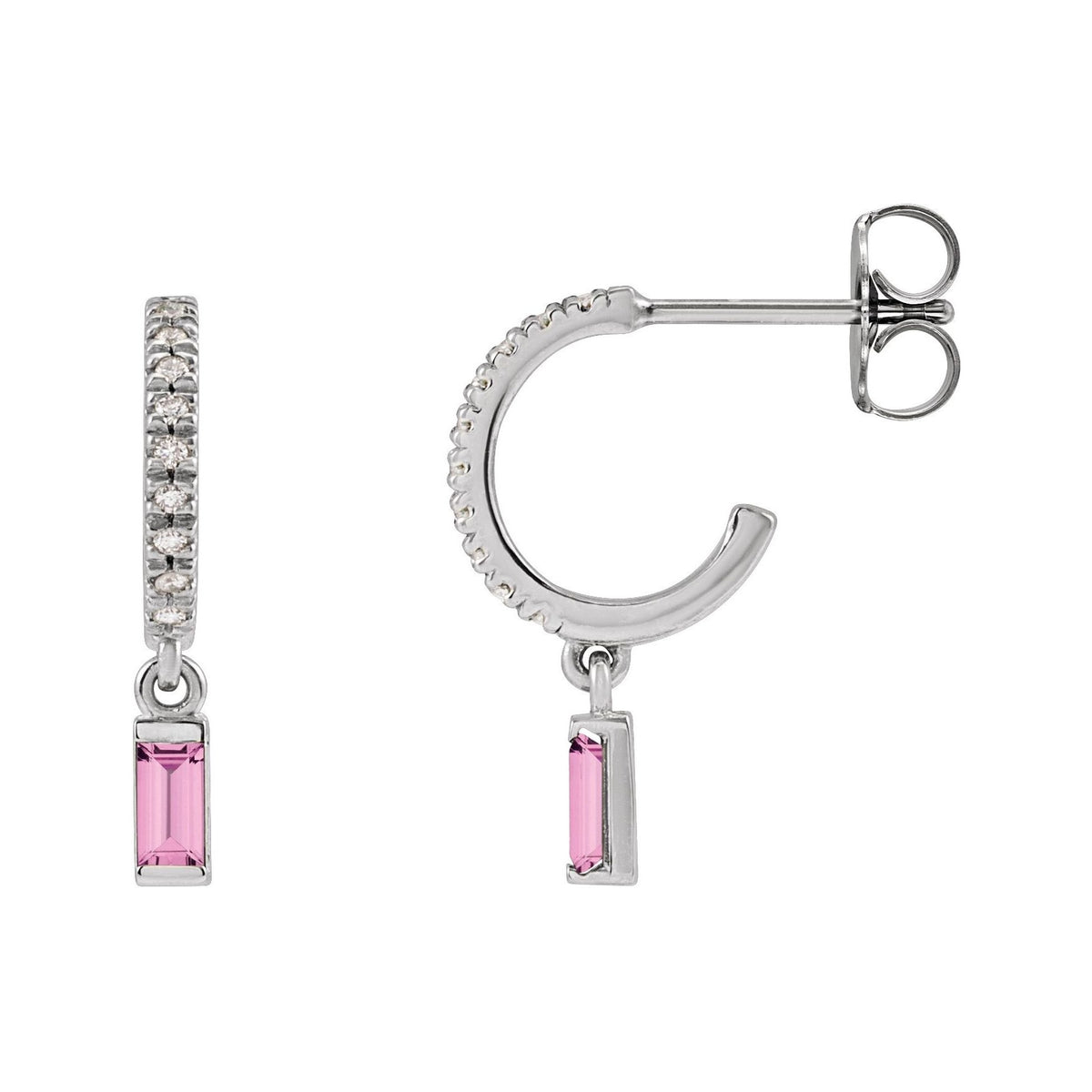 Sapphire Row Natural Gemstone Baguette Dangle Hoop Earrings - Pink Sapphire, Platinum