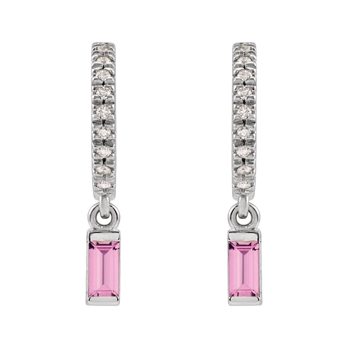 Sapphire Row Natural Gemstone Baguette Dangle Hoop Earrings - Pink Sapphire, Platinum (view 2)