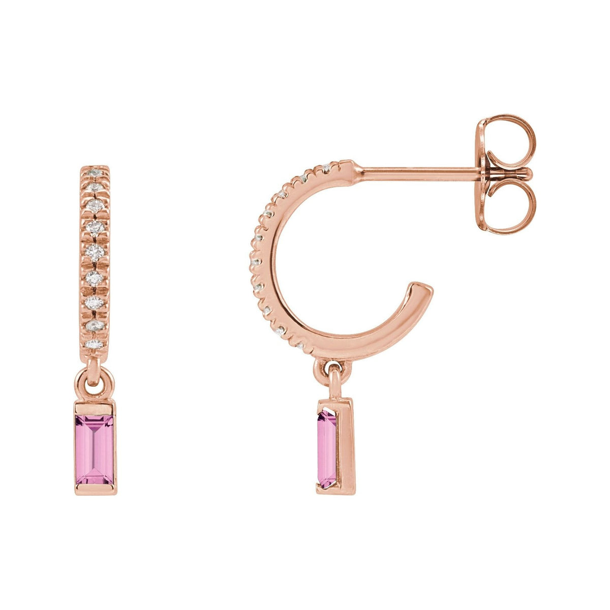 Sapphire Row Natural Gemstone Baguette Dangle Hoop Earrings - Pink Sapphire, 14K Rose Gold