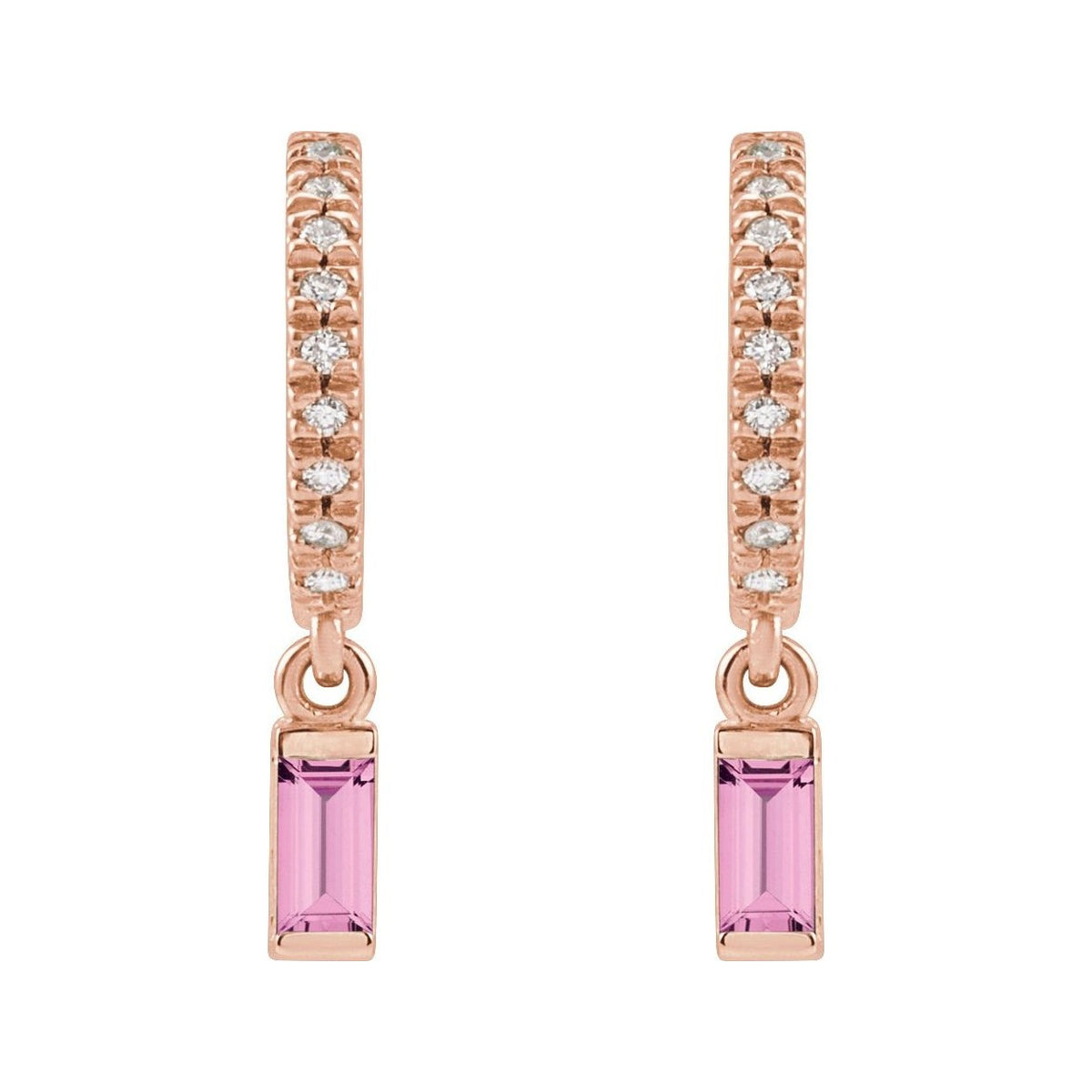 Sapphire Row Natural Gemstone Baguette Dangle Hoop Earrings - Pink Sapphire, 14K Rose Gold (view 2)
