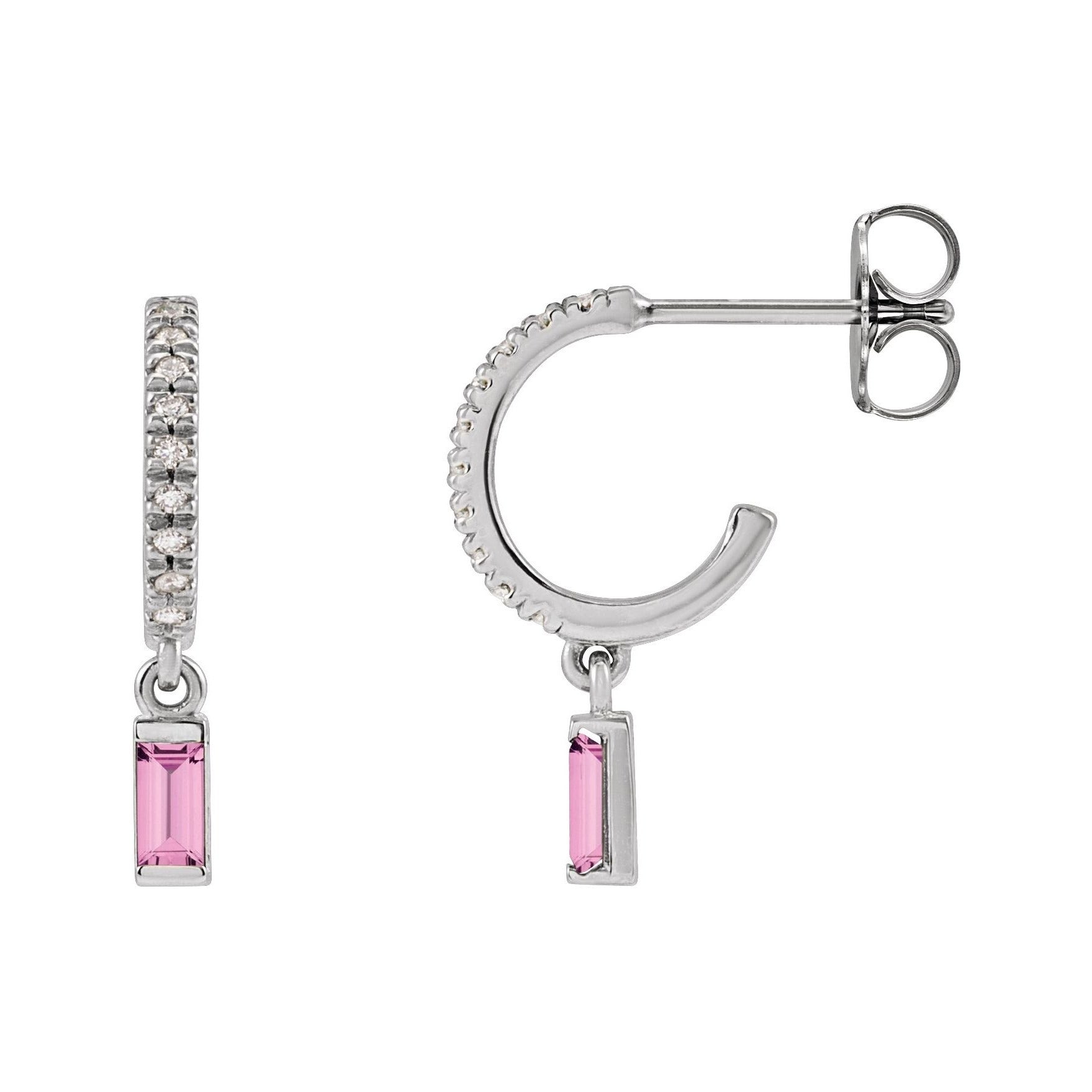 Sapphire Row Natural Gemstone Baguette Dangle Hoop Earrings - Pink Sapphire, 14K White Gold