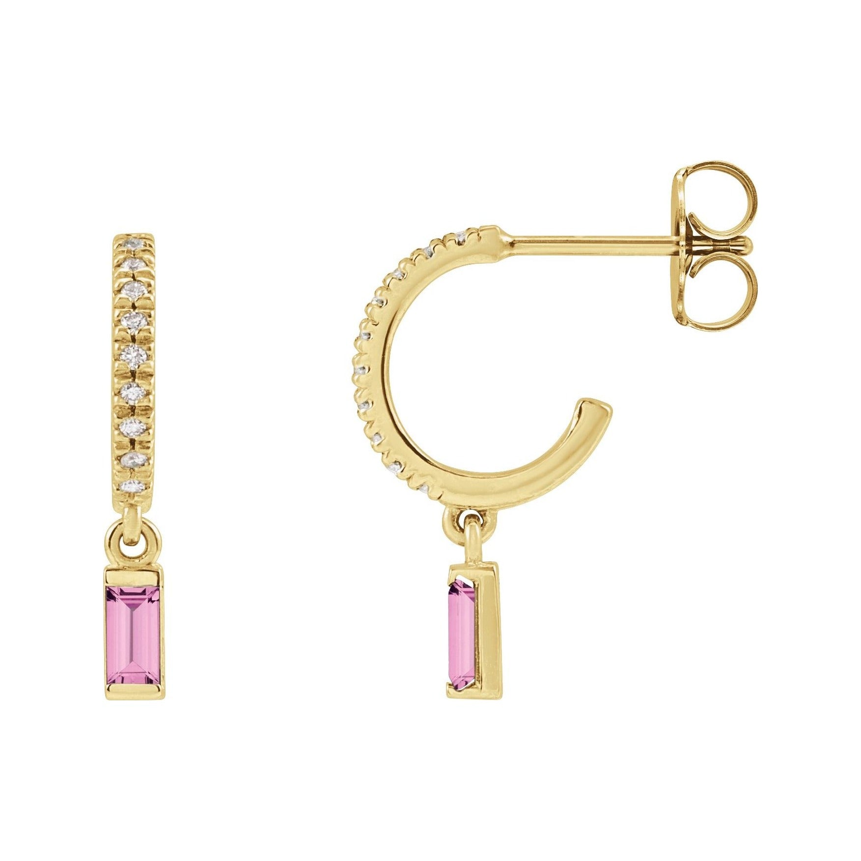 Sapphire Row Natural Gemstone Baguette Dangle Hoop Earrings - Pink Sapphire, 14K Yellow Gold