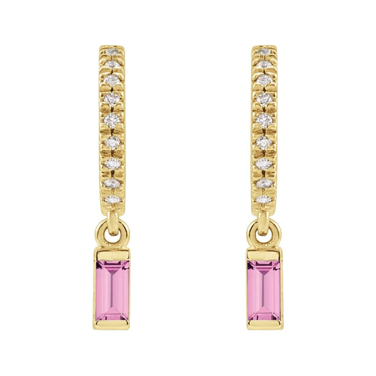 Sapphire Row Natural Gemstone Baguette Dangle Hoop Earrings - Pink Sapphire, 14K Yellow Gold (view 2)