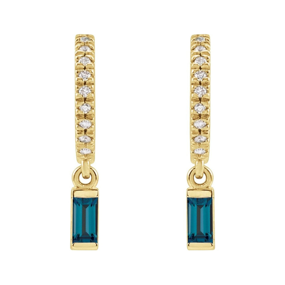 Sapphire Row Natural Gemstone Baguette Dangle Hoop Earrings - London Blue Topaz, 14K Yellow Gold (view 2)
