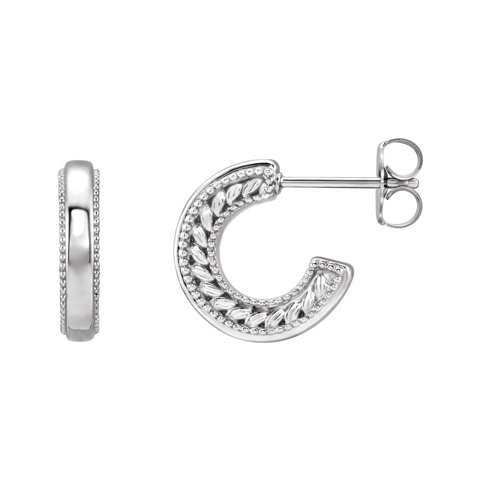 Sapphire Row Gold Wheat & Milgrain Hoop Earrings - 14K White Gold