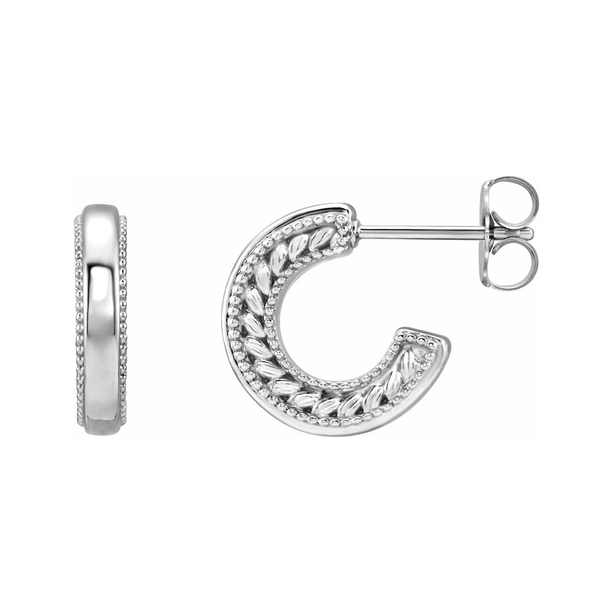 Sapphire Row Gold Wheat & Milgrain Hoop Earrings - 14K White Gold