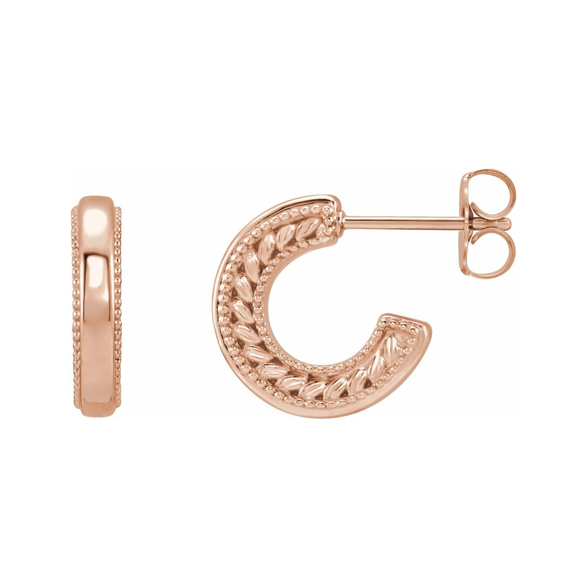 Sapphire Row Gold Wheat & Milgrain Hoop Earrings - 14K Rose Gold