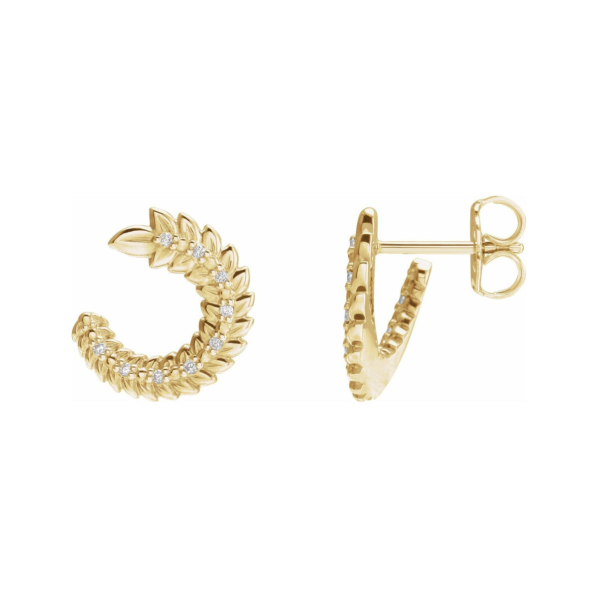 Sapphire Row Natural Diamond Leaf Front-Back Hoop Earrings - 14K Yellow Gold