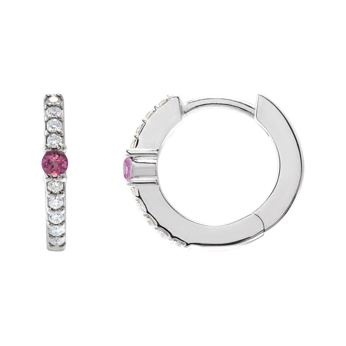 Sapphire Row Natural Gemstone Pavé Accented Hoop Earrings - Pink Tourmaline, 14K White Gold