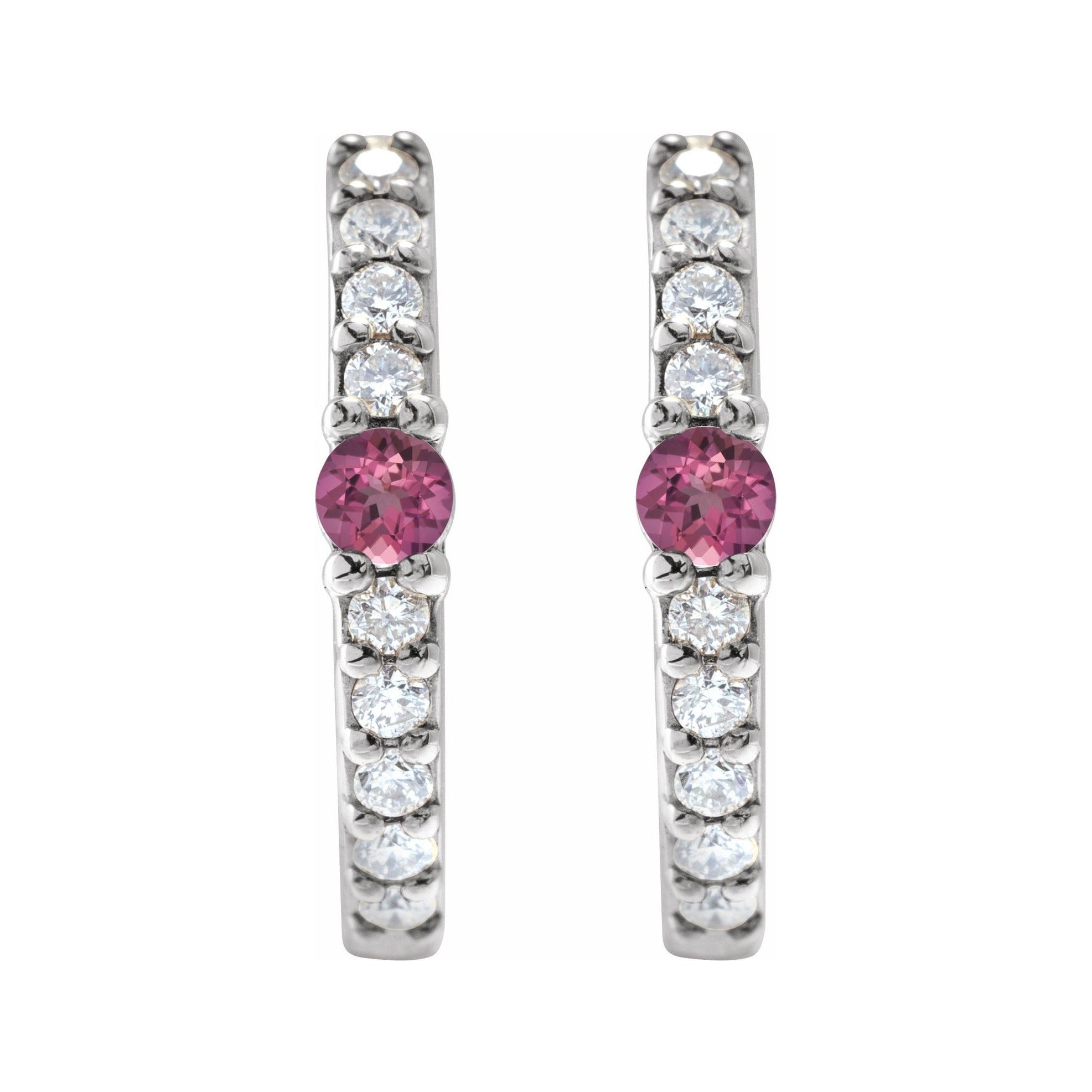 Sapphire Row Natural Gemstone Pavé Accented Hoop Earrings - Pink Tourmaline, 14K White Gold (view 2)