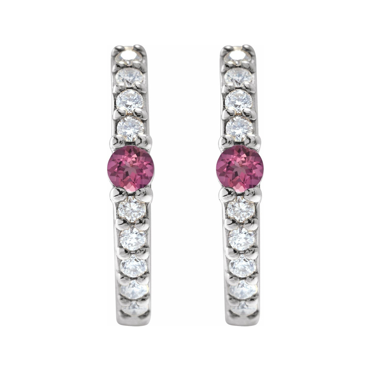 Sapphire Row Natural Gemstone Pavé Accented Hoop Earrings - Pink Tourmaline, 14K White Gold (view 2)