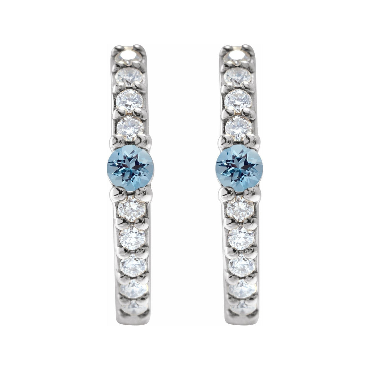 Sapphire Row Natural Gemstone Pavé Accented Hoop Earrings - Aquamarine, 14K White Gold (view 2)