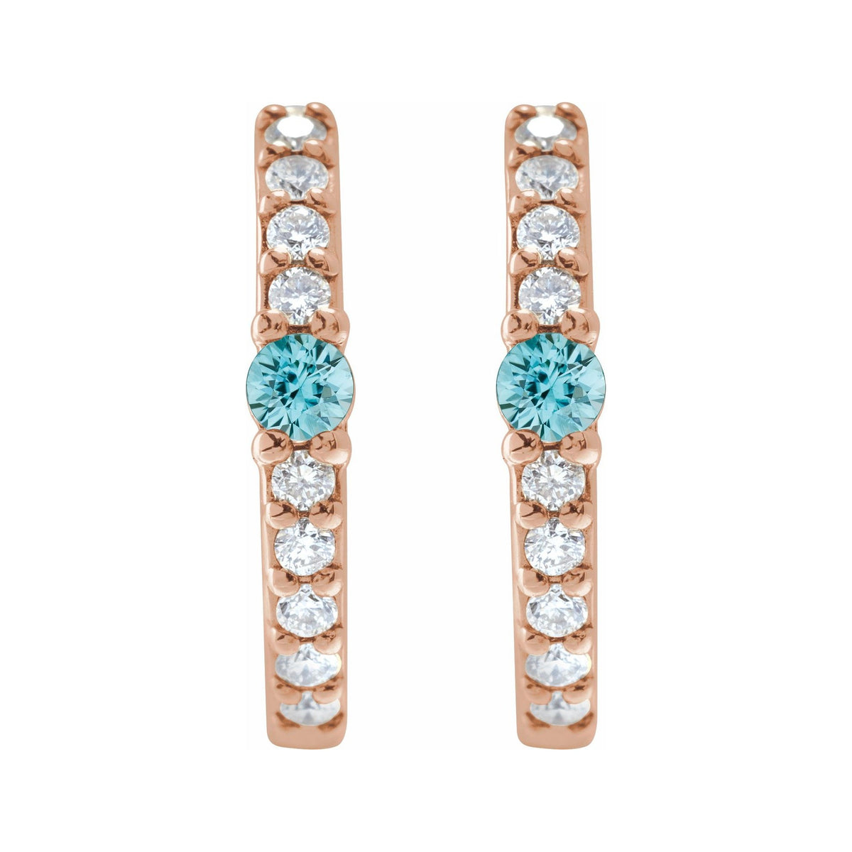 Sapphire Row Natural Gemstone Pavé Accented Hoop Earrings - Blue Zircon, 14K Rose Gold (view 2)