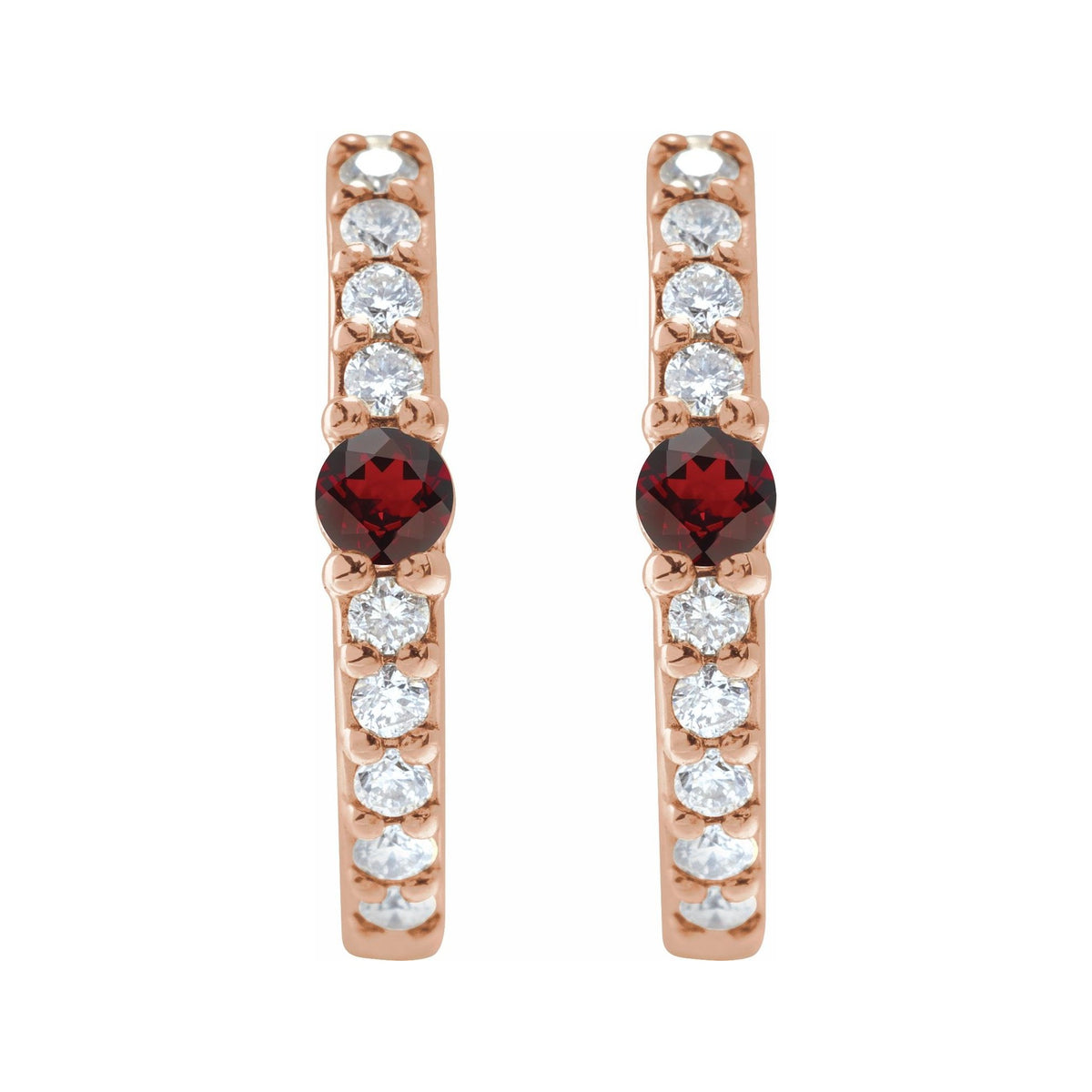 Sapphire Row Natural Gemstone Pavé Accented Hoop Earrings - Mozambique Garnet, 14K Rose Gold (view 2)
