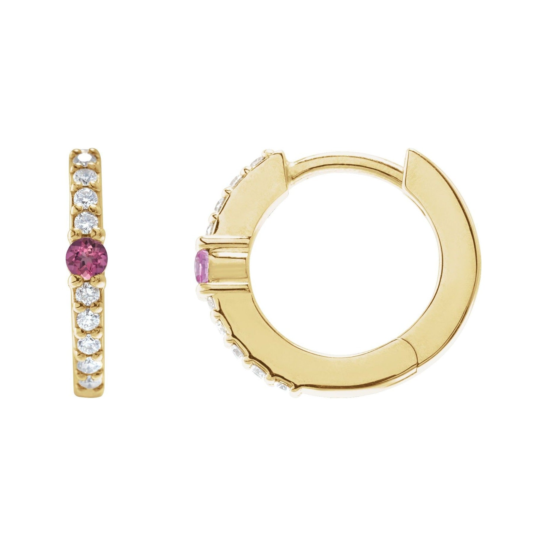 Sapphire Row Natural Gemstone Pavé Accented Hoop Earrings - Pink Tourmaline, 14K Yellow Gold