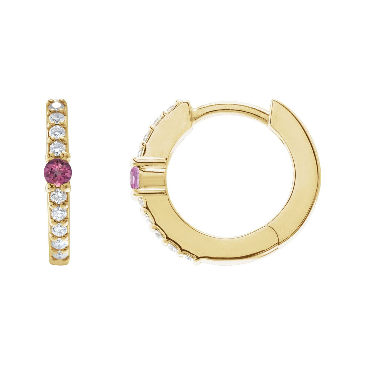 Sapphire Row Natural Gemstone Pavé Accented Hoop Earrings - Pink Tourmaline, 14K Yellow Gold