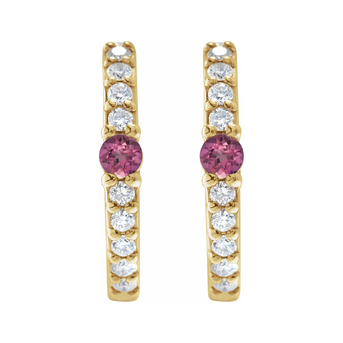 Sapphire Row Natural Gemstone Pavé Accented Hoop Earrings - Pink Tourmaline, 14K Yellow Gold (view 2)