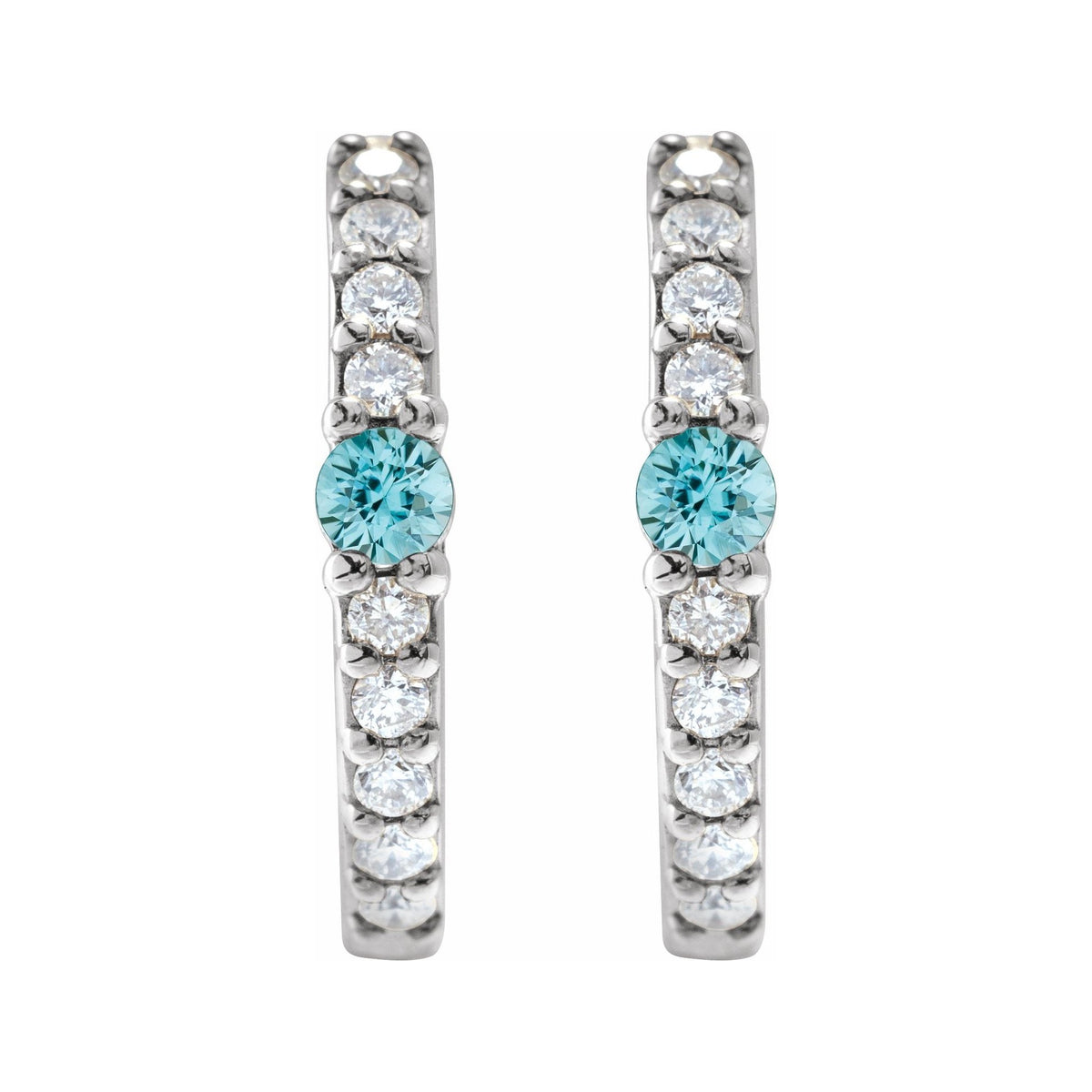 Sapphire Row Natural Gemstone Pavé Accented Hoop Earrings - Blue Zircon, 14K White Gold (view 2)