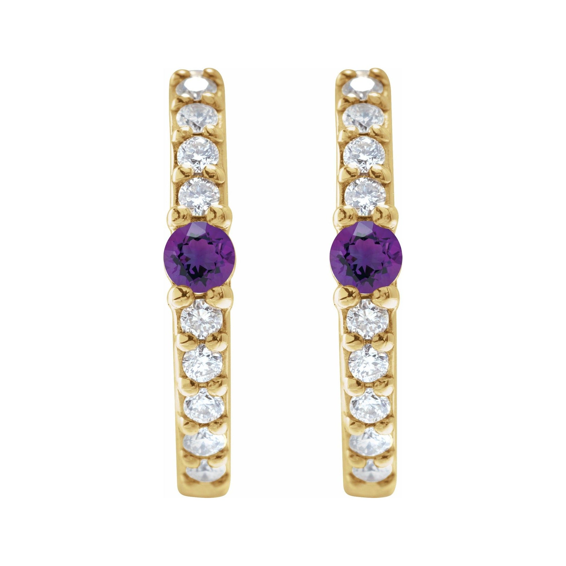 Sapphire Row Natural Gemstone Pavé Accented Hoop Earrings - Amethyst, 14K Yellow Gold (view 2)
