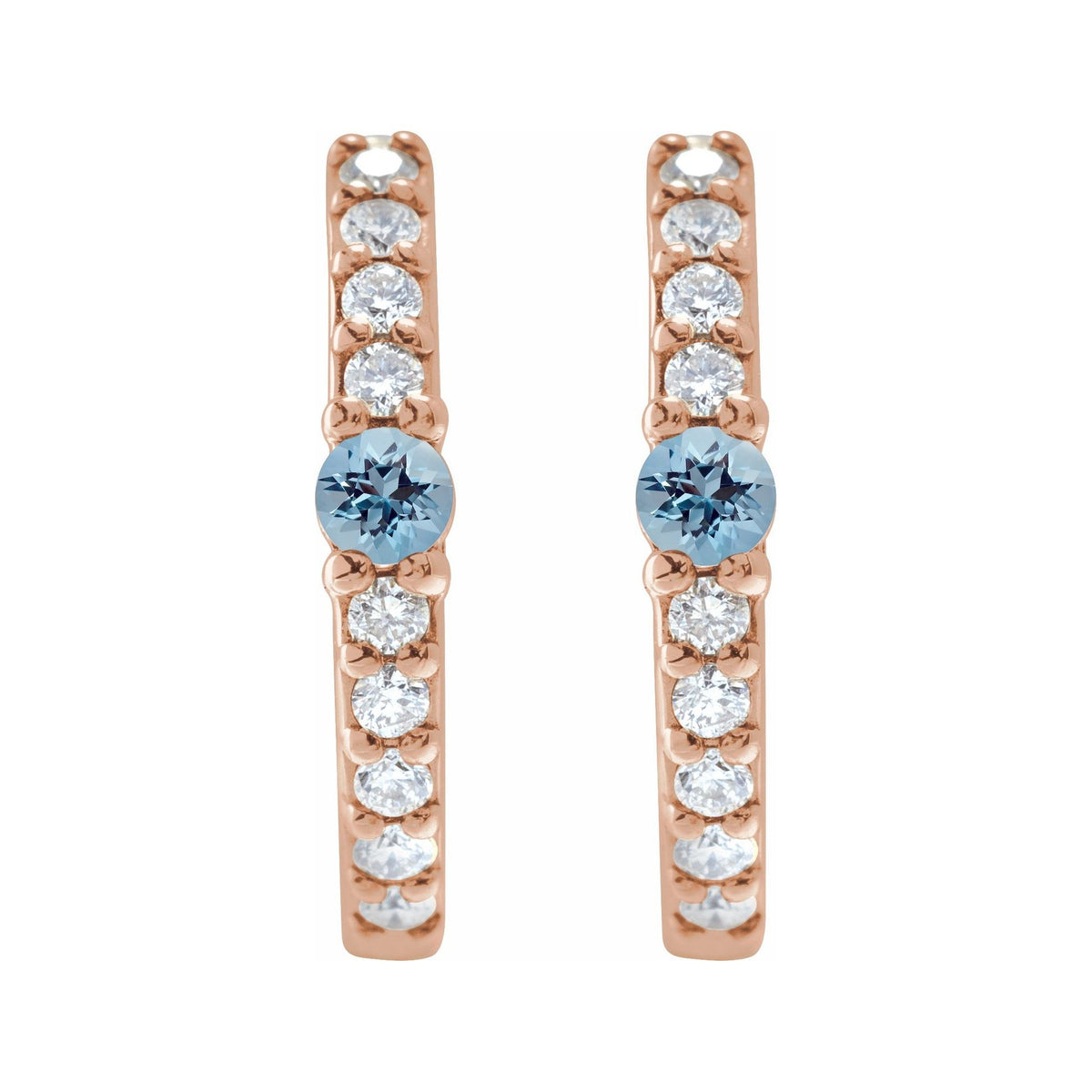 Sapphire Row Natural Gemstone Pavé Accented Hoop Earrings - Aquamarine, 14K Rose Gold (view 2)