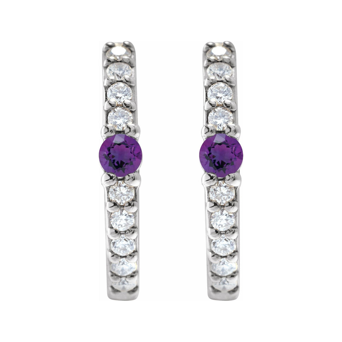 Sapphire Row Natural Gemstone Pavé Accented Hoop Earrings - Amethyst, 14K White Gold (view 2)