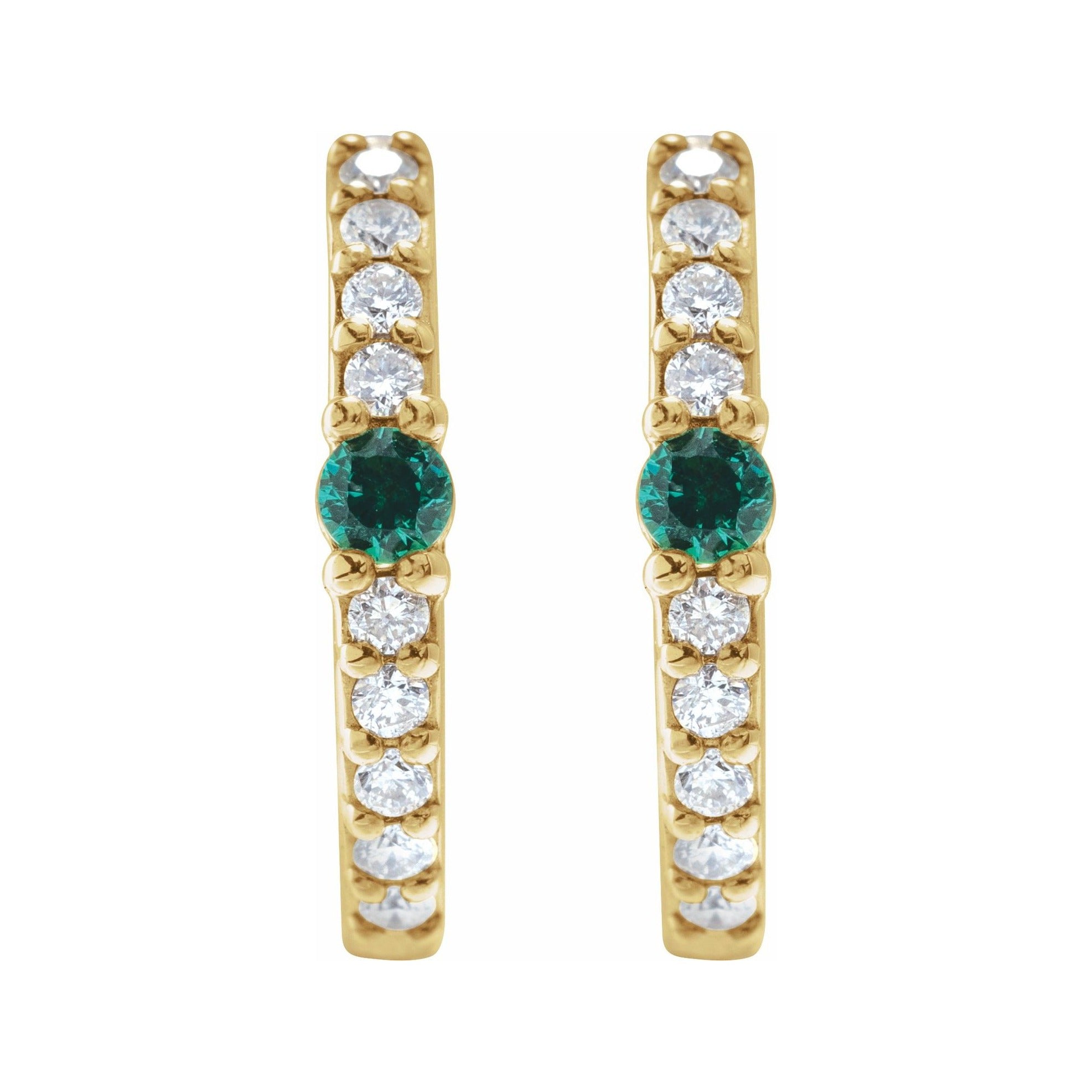 Sapphire Row Natural Gemstone Pavé Accented Hoop Earrings - Emerald, 14K Yellow Gold (view 2)