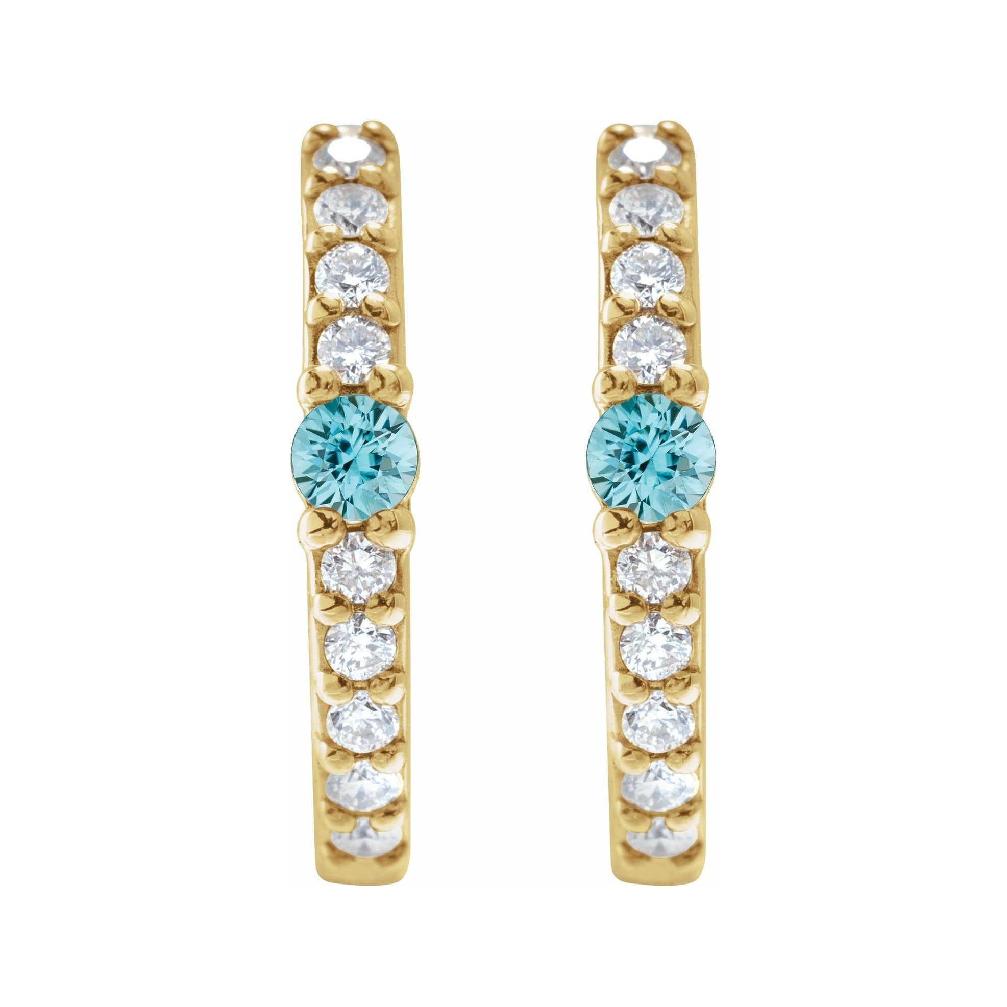 Sapphire Row Natural Gemstone Pavé Accented Hoop Earrings - Blue Zircon, 14K Yellow Gold (view 2)