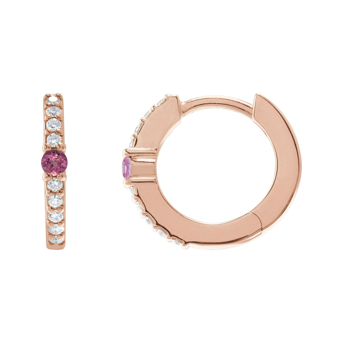Sapphire Row Natural Gemstone Pavé Accented Hoop Earrings - Pink Tourmaline, 14K Rose Gold