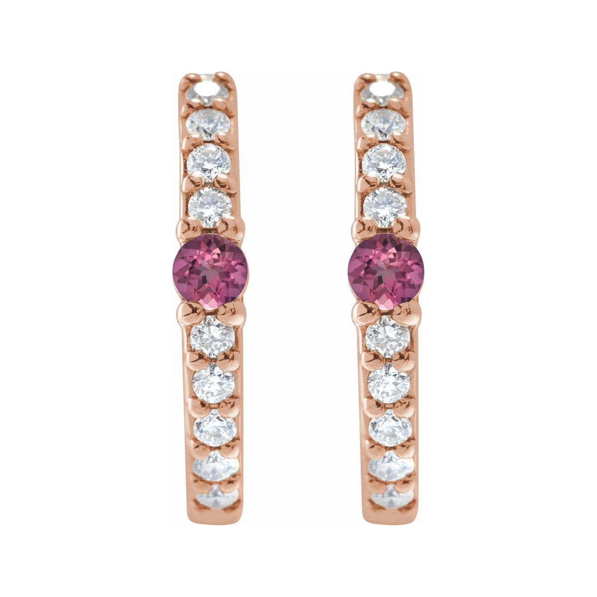 Sapphire Row Natural Gemstone Pavé Accented Hoop Earrings - Pink Tourmaline, 14K Rose Gold (view 2)