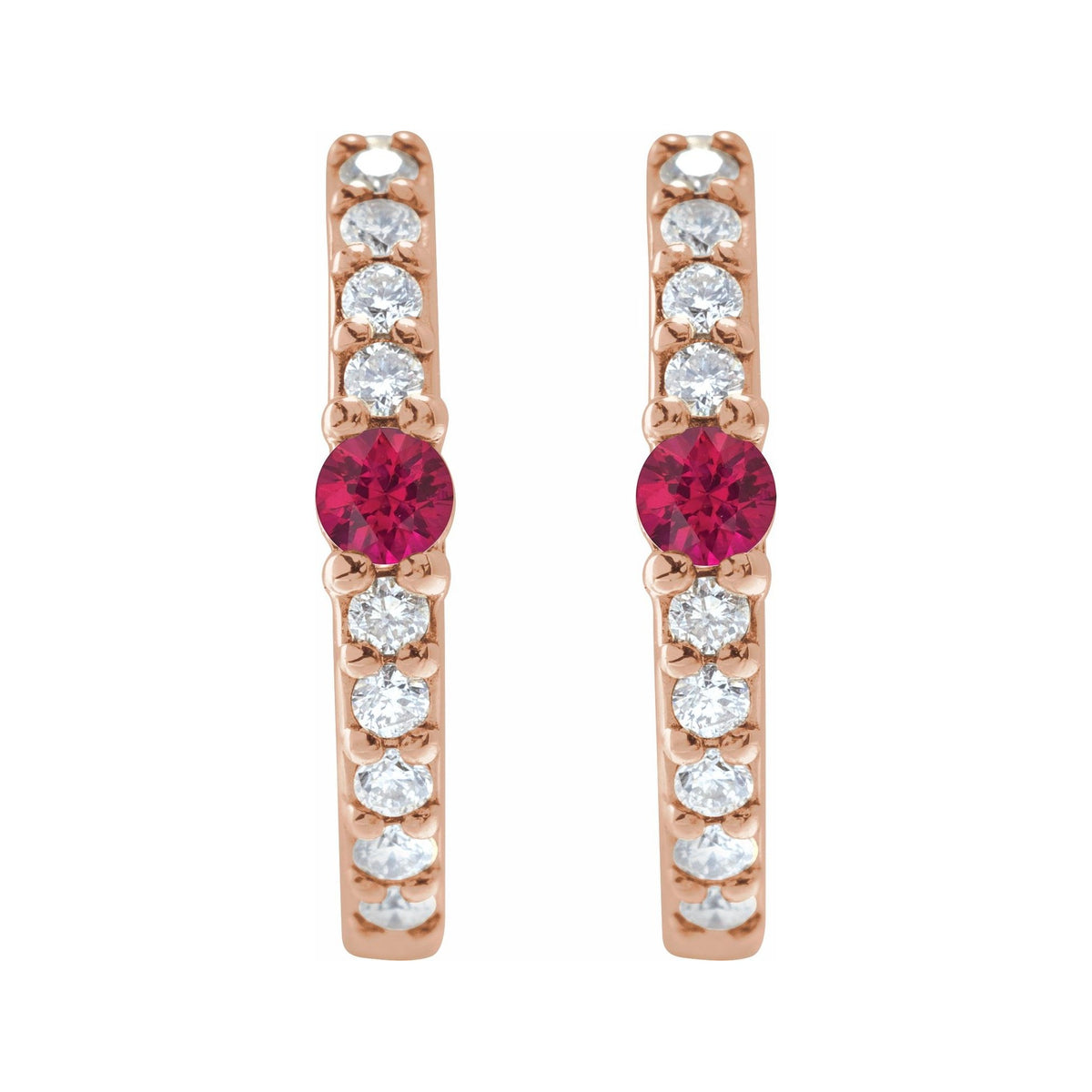 Sapphire Row Lab-Grown Gemstone Pavé Accented Hoop Earrings - Ruby, 14K Rose Gold (view 2)